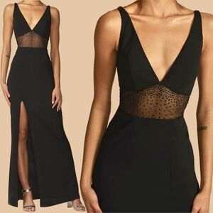 Long black formal prom dress v neck mesh rhinestone beaded detail with leg slit